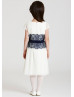 Cap Sleeves Ivory Chiffon Navy Blue Lace Trim Flower Girl Dress